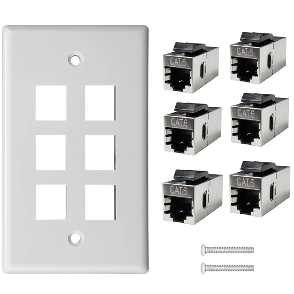 Ethernet Wall Plate, 1-6 Port Port CAT6 Keystone Female to Female Wall Plate-White Face Plate ABS;