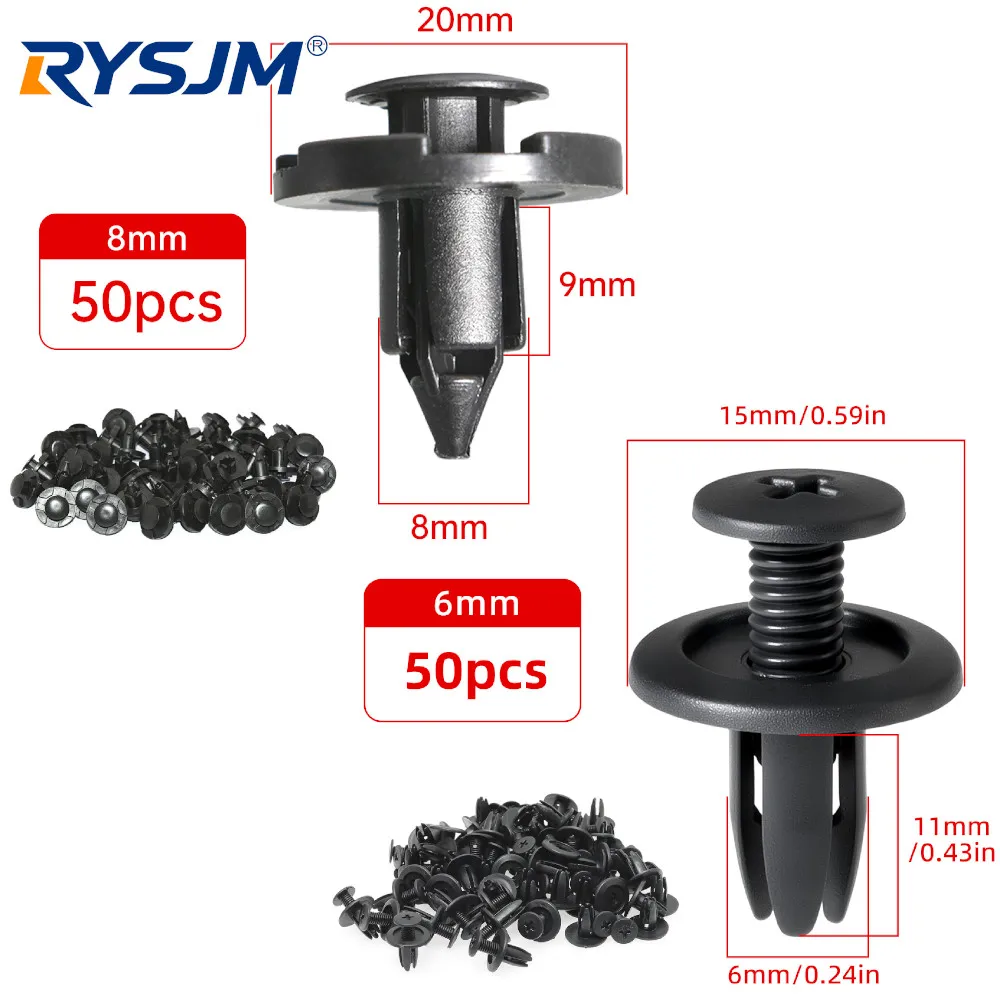 50 PEÇAS Clipe de Fixação Universal de Plástico para Carro 6mm/8mm, Presilhas de Fixação Tipo Push para Para-choque e Para-lama, Rebite para Painel de Porta e Forro de Para-lama, Preto
