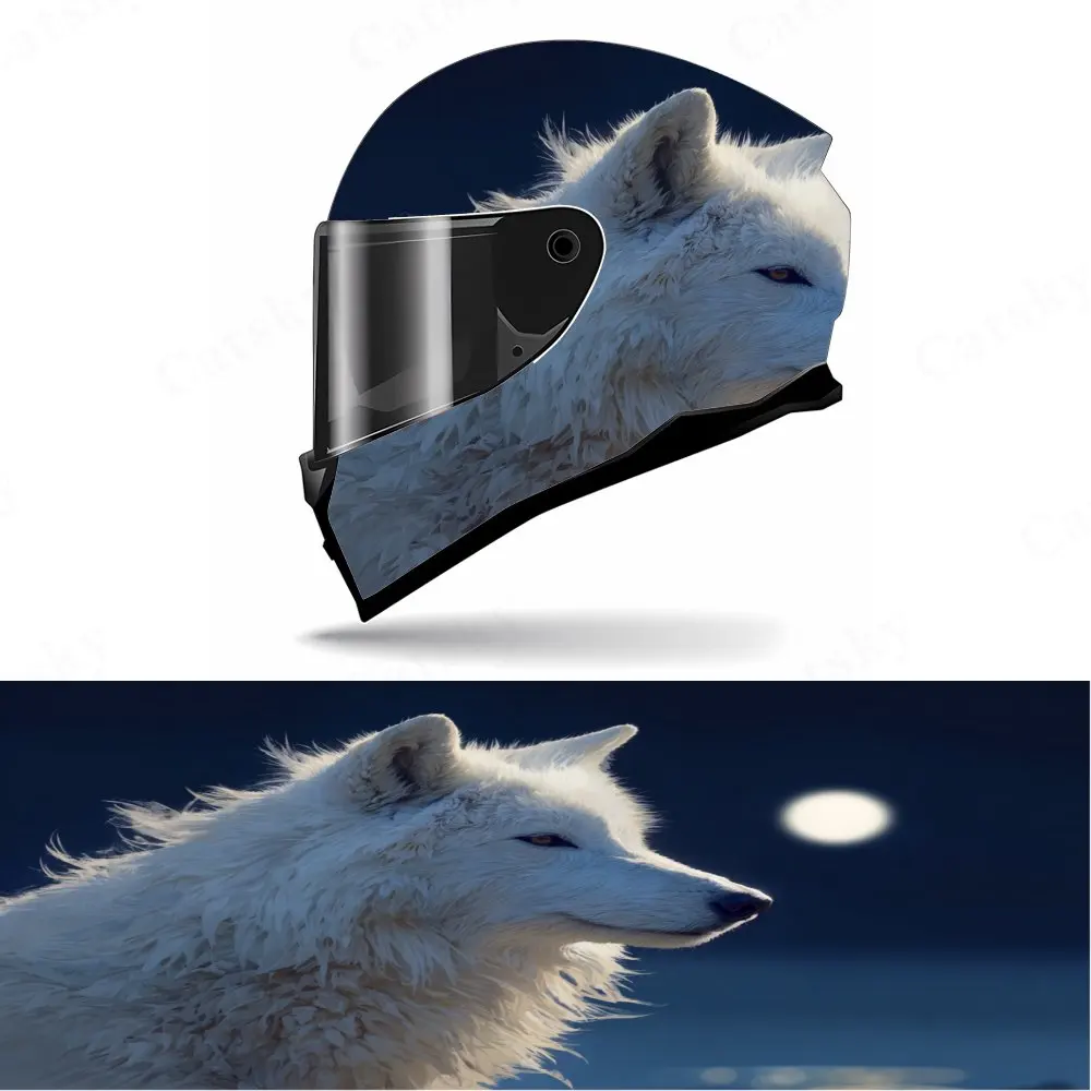 

White wolf gazing under the moonlight Full Face Helmet Decal - Durable and Waterproof PVC, Self-Adhesive Racing Helmet Aesthetic