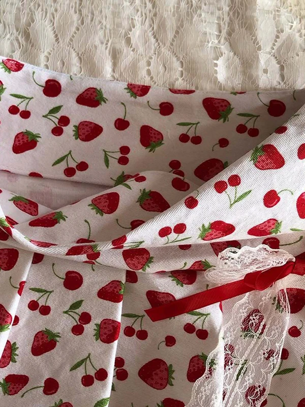 Saia com estampa stbery original para mulheres vintage sle coreano commute mistura de algodão saia evasê comprimento ortopé doce picante...