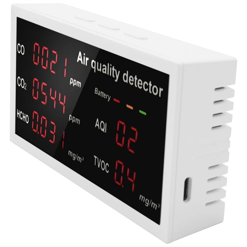 5-in-1 multifunctionele luchtkwaliteitsmonitor met LED-display Luchtvervuildetector voor CO/CO2/HCHO/AQI/TVOC buiten binnen