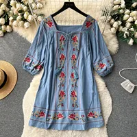 Indie Folk Dresses for Women Embroided Square Collar Summer Dress Puff Sleeve A-LINE Lace-up Vestido Female Printed Dropshipping