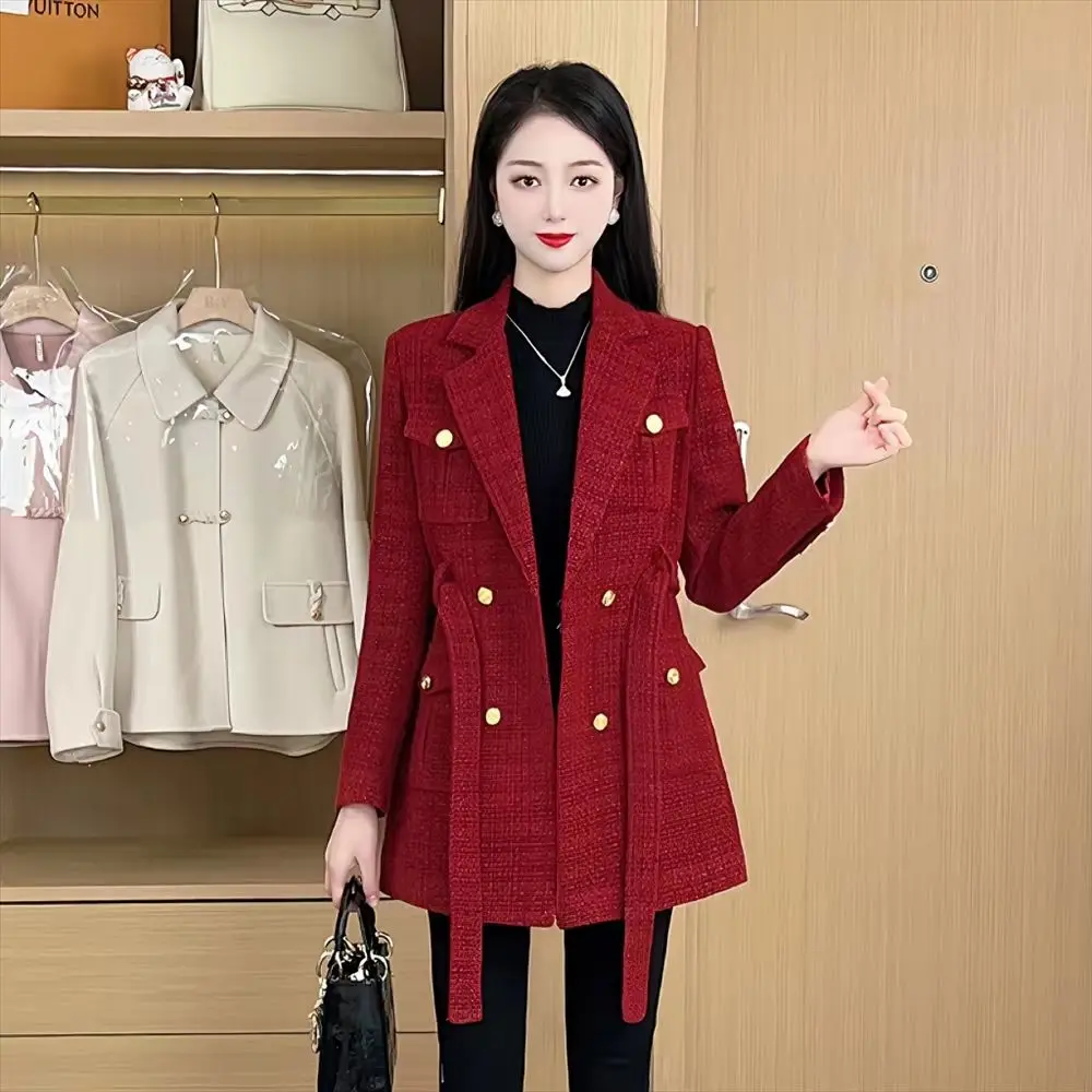 New Female Tweed Outerwear Spring Autumn Senior Sense Red Suit Jacket Lady Casual Blazer Office Professional Women\'s Clothing