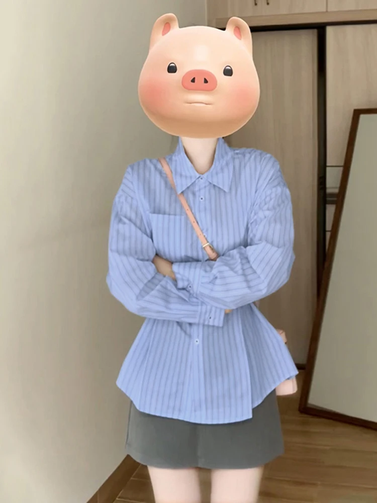 ブルーストライプロングスベウエストシェイプ女性用irt春秋新作初秋高級感ウエストカットトップ