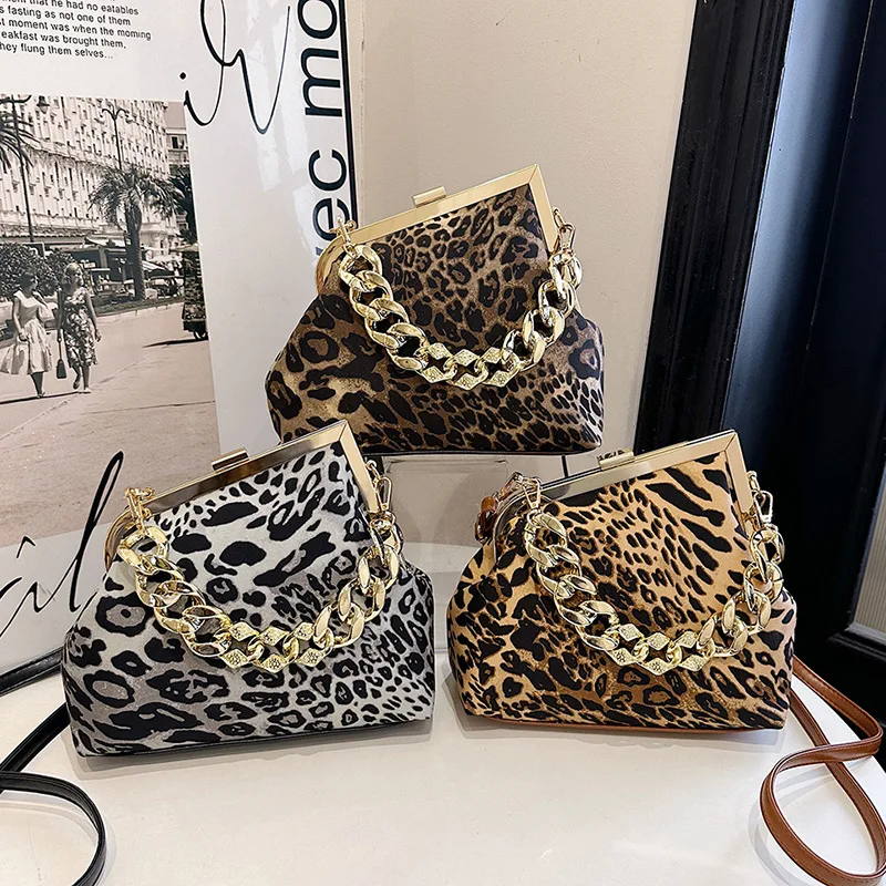 

New Fashion Luxury Design Leopard Printed Shoulder Bag, Thick Chain Handbag, Trendy Versatile Women's Oblique Span Bag