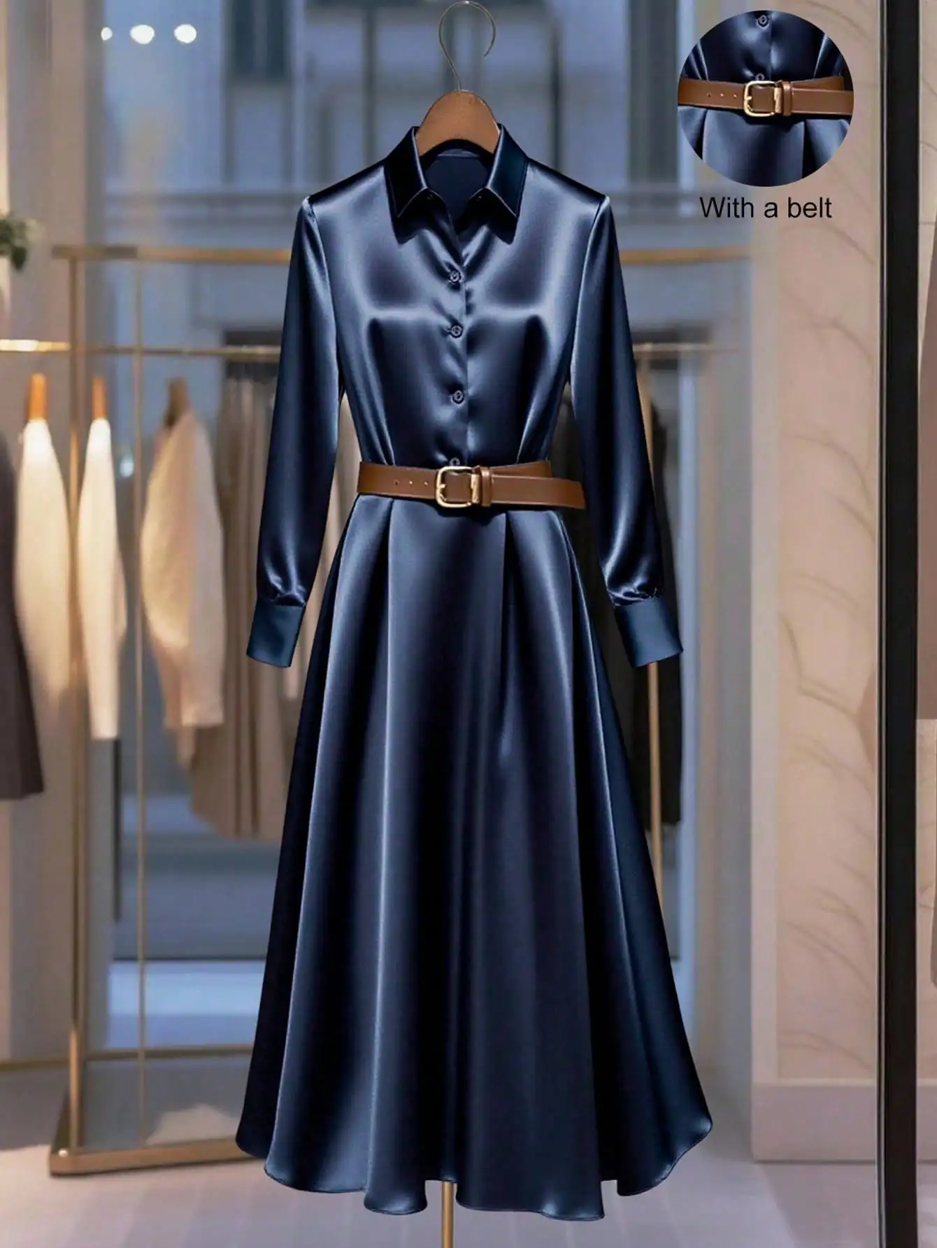 

Elegant Navy Satin Shirt Dress with Belt for Office Wear