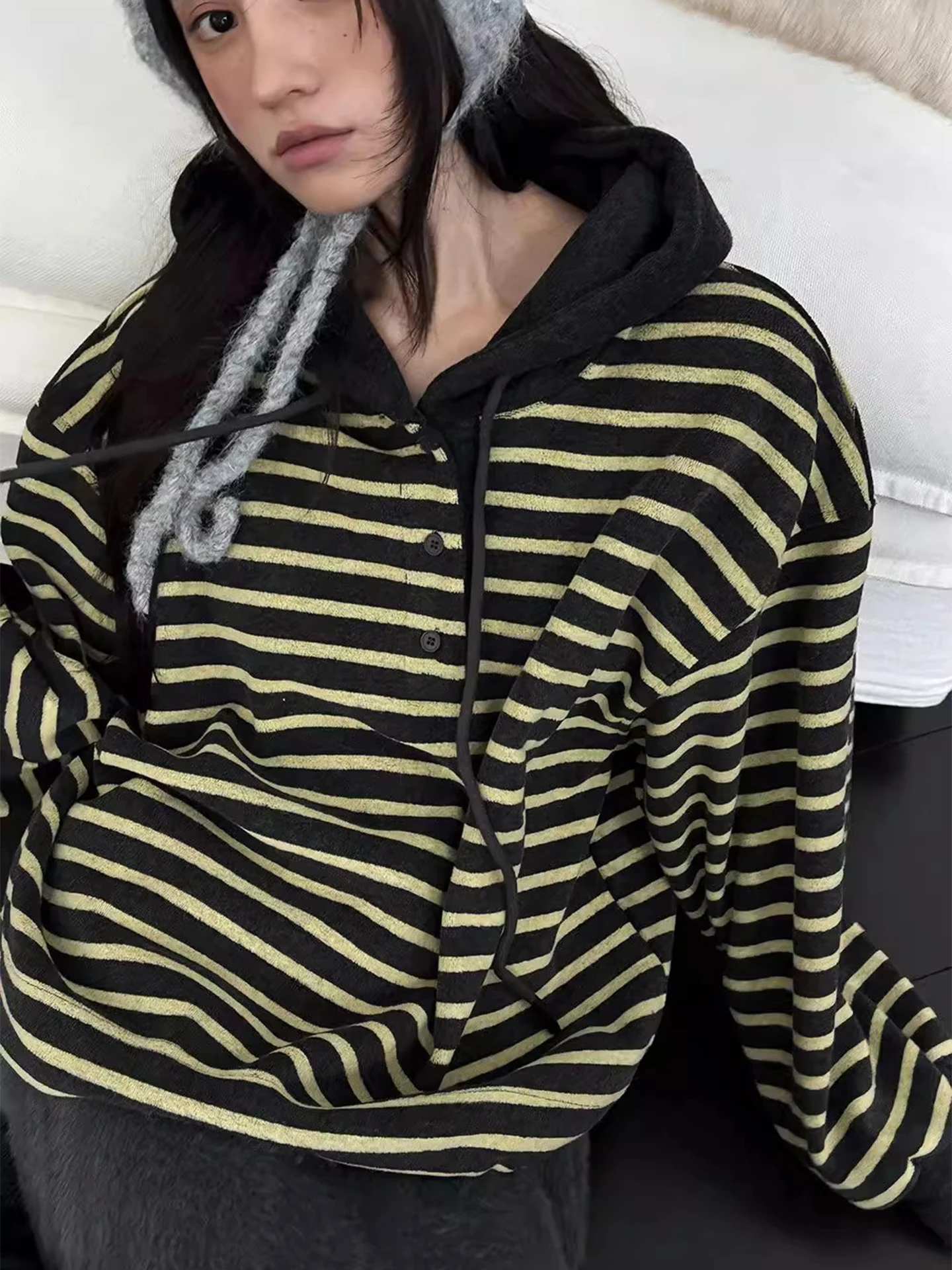 Laid-ba 슬레 컬러 블로 스트라이프 후디 여성용 루즈 따뜻한 면 재킷 끈 달린 겨울 신상 스트리트 패션