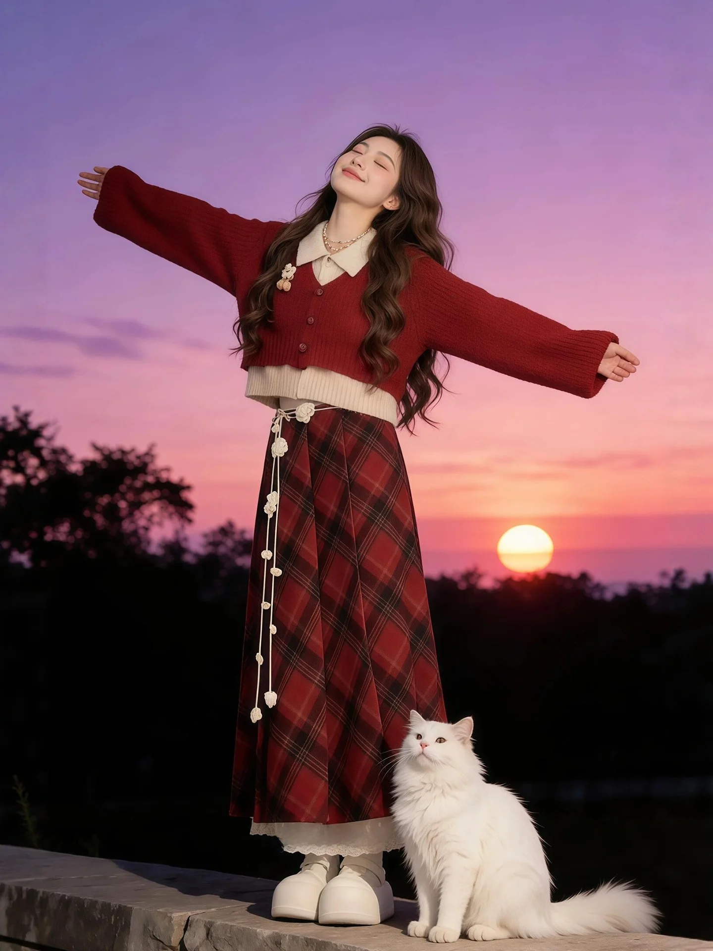 

Winter Faion plus Size Women's Knitted Sweater And Plaid Skirt Set High Waist Collar Button Closure Casual Wear