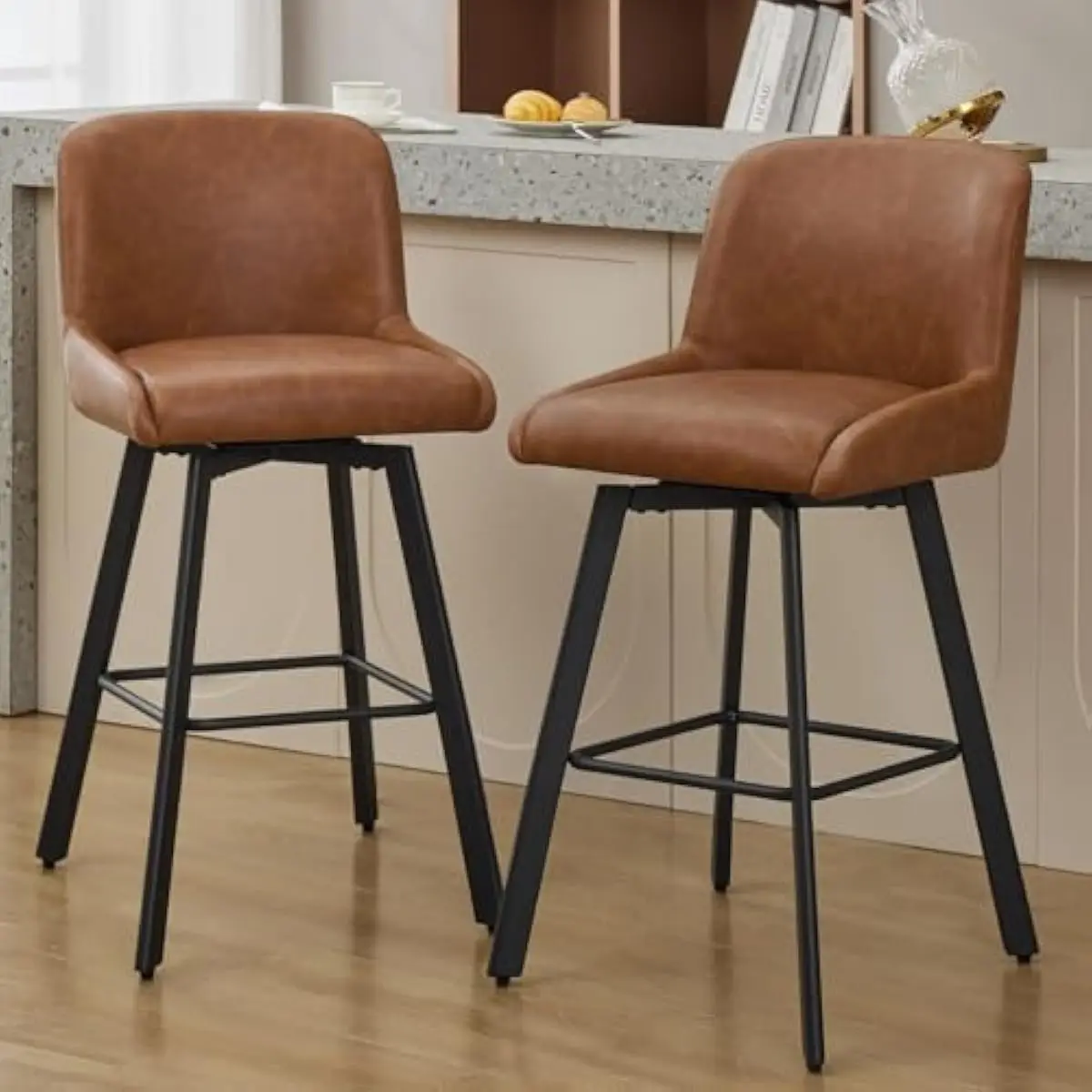 Swivel Bar Stools Pair 39.8 Inch Tall Modern Counter Height Chairs with Square Backrests Soft Curved Sides Faux Leather Seat Thi