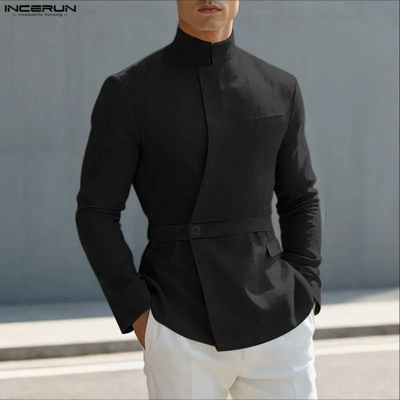 INCERUN قميص رجالي بلون سادة وياقة واقفة وأكمام طويلة وأزرار ملابس رجالية قطنية ملابس خروج عصرية قمصان رجالي غير رسمية