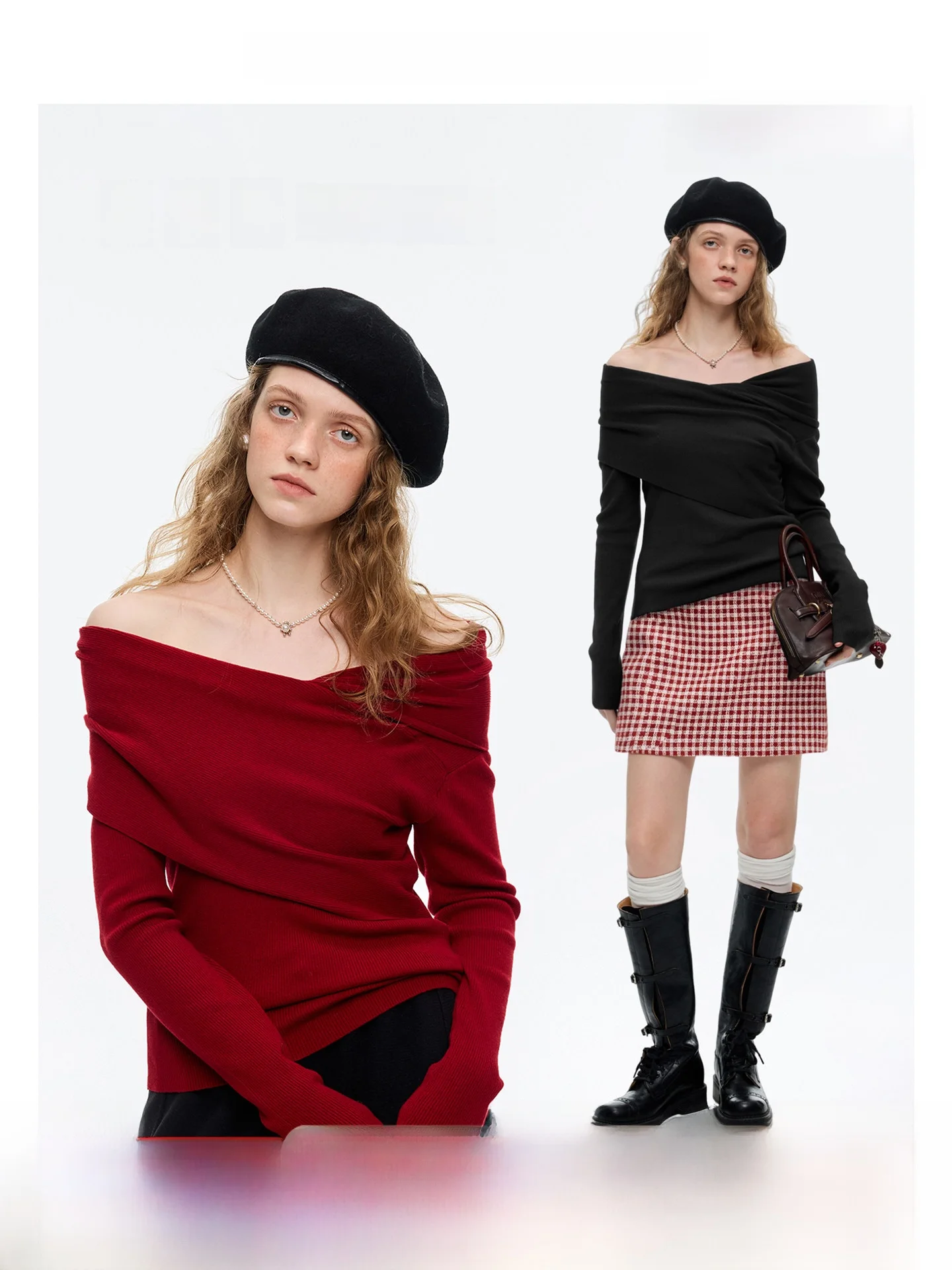 

Bla Toned VEGA CHANG Women's Woolen Sweater Spring New Year Red Beautiful One oulder Top Korean Sle Slim Fit Long Sve