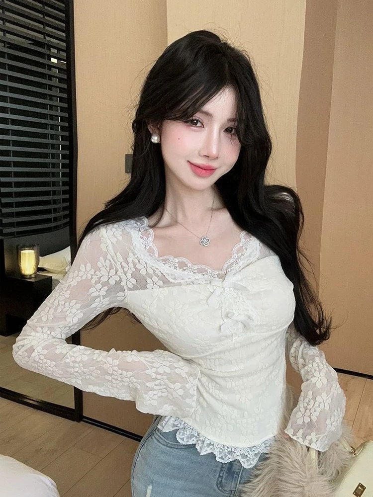 

Zadily 2025 Summer Sexy Lace Long Sleeve Women Chiffon Blouses Korea Style Slim Floral Embroidery Transparent Women Crop Tops
