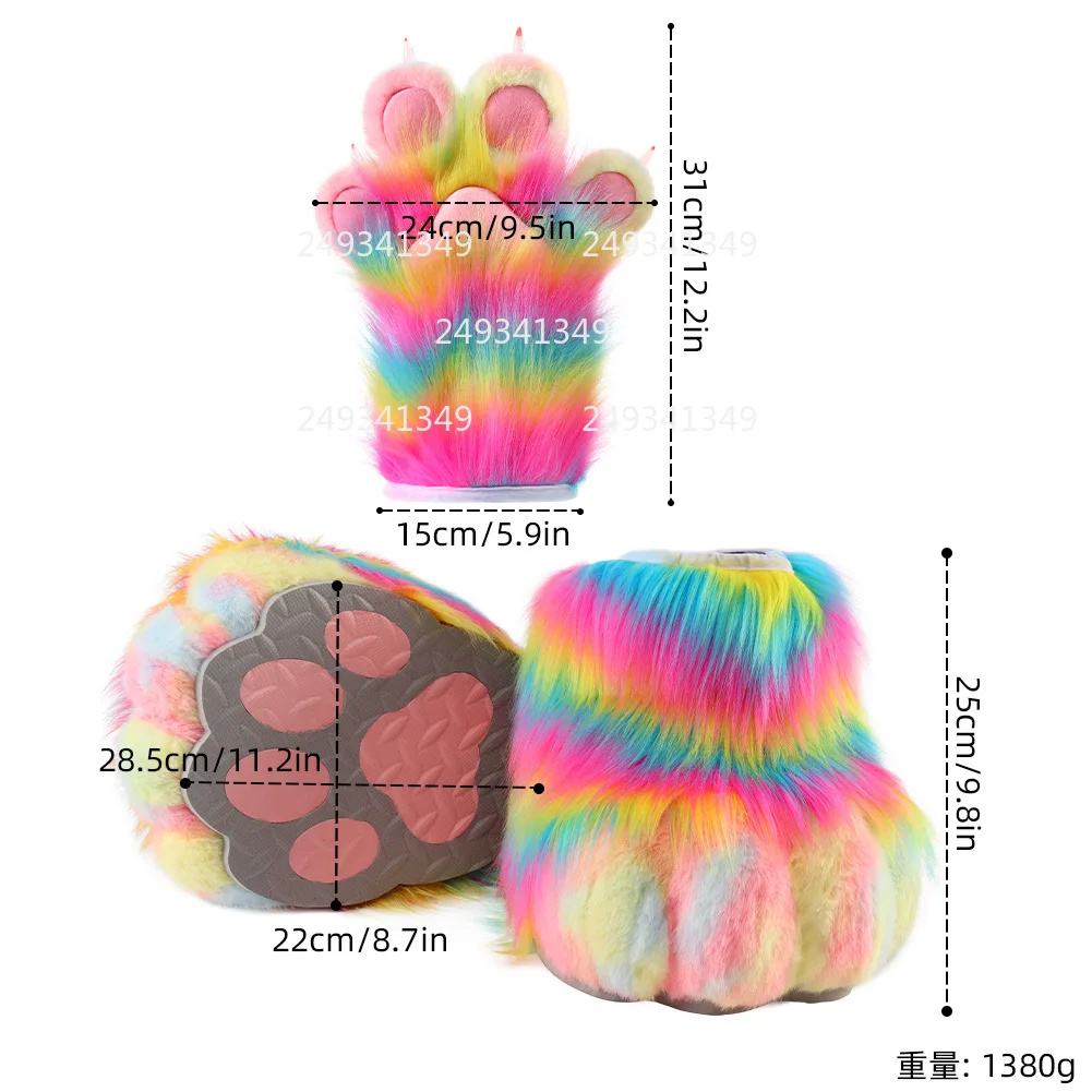 Rainbow Furry Fursuit Gloves Shoes Cosplay Costume Accessories Colored Fox Cat Paws Set Man Woman Comic-con Party Dress Up Props