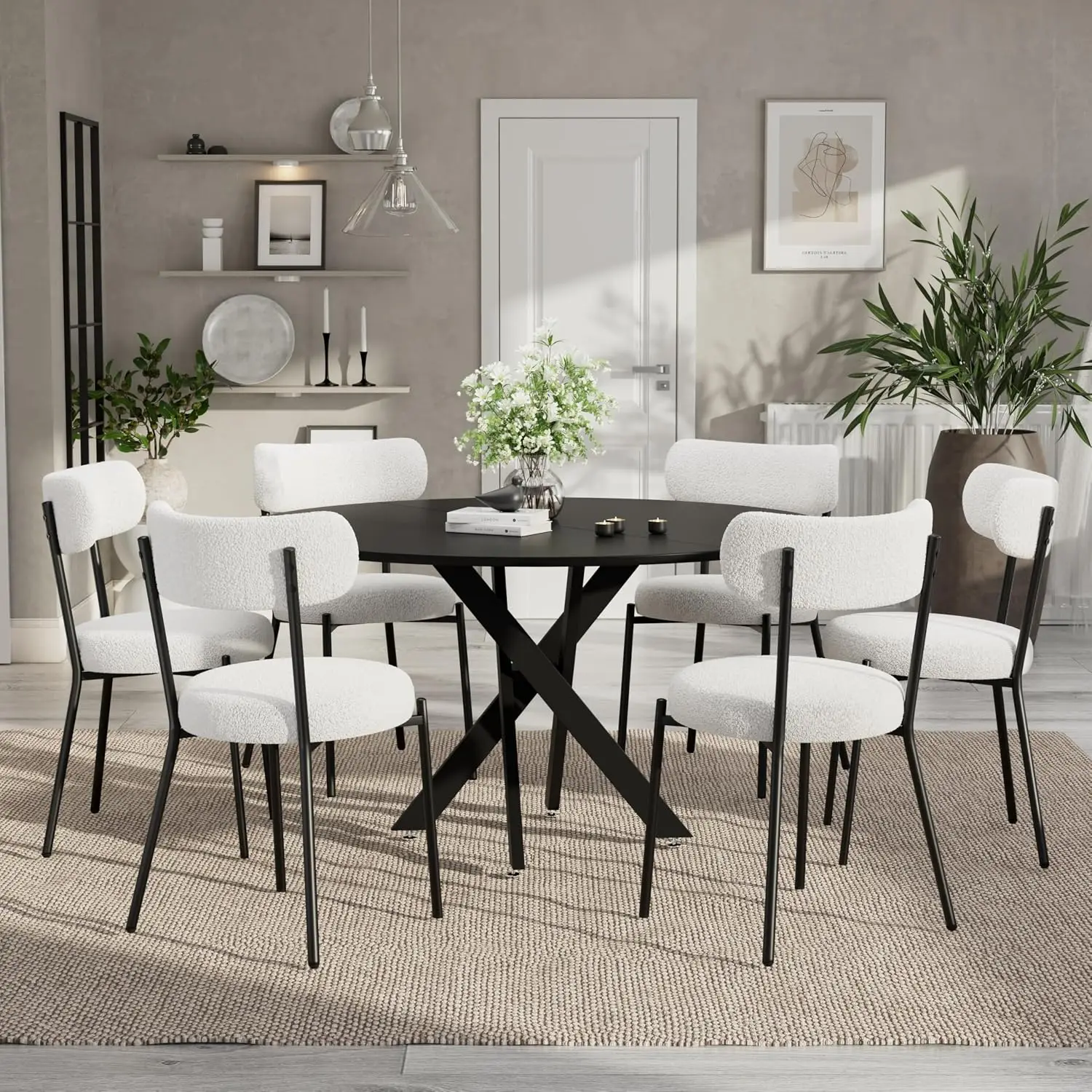 Round Dining Table Set Walnut MDF & 6 Black Boucle Chairs Metal Frame Kitchen Furniture Small Space 47-Inch, Customized