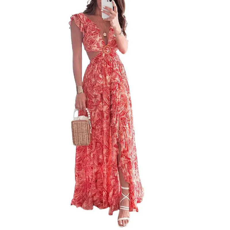 Summer Sexy Long Dress Women Fashion Floral Printed Deep V-neck Backless Beach Sundresses Casual Slim Slit Sleeveless Dress New