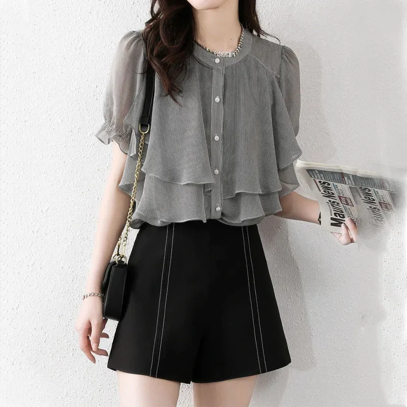 

Summer Striped Fashion Ruffles Patchwork Single-breasted Women's Elegant Blouses Commuter O-Neck Chiffon Short Sleeve Shirt B768