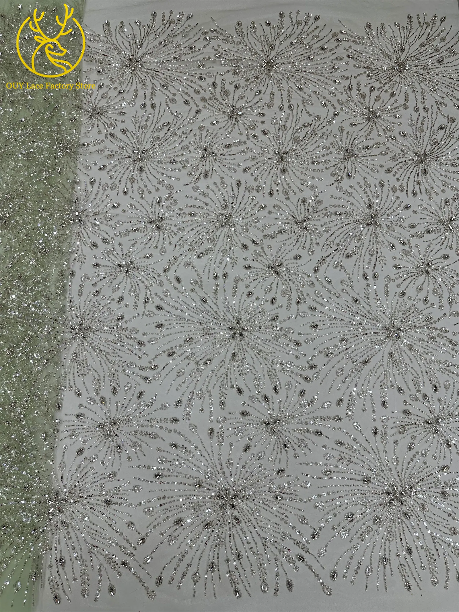 Goldene französische Edelstein-Perlenstickerei-Spitze, hochwertige nigerianische Mesh-Pailletten-Tüllspitze, afrikanischer Spitzenstoff für Damenkleider – Detail 25
