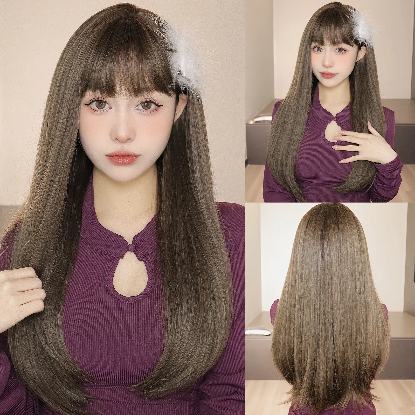 

New best-selling natural bangs brown fluffy Korean style long hair straight hair fashionable wigs synthetic fibers wigs