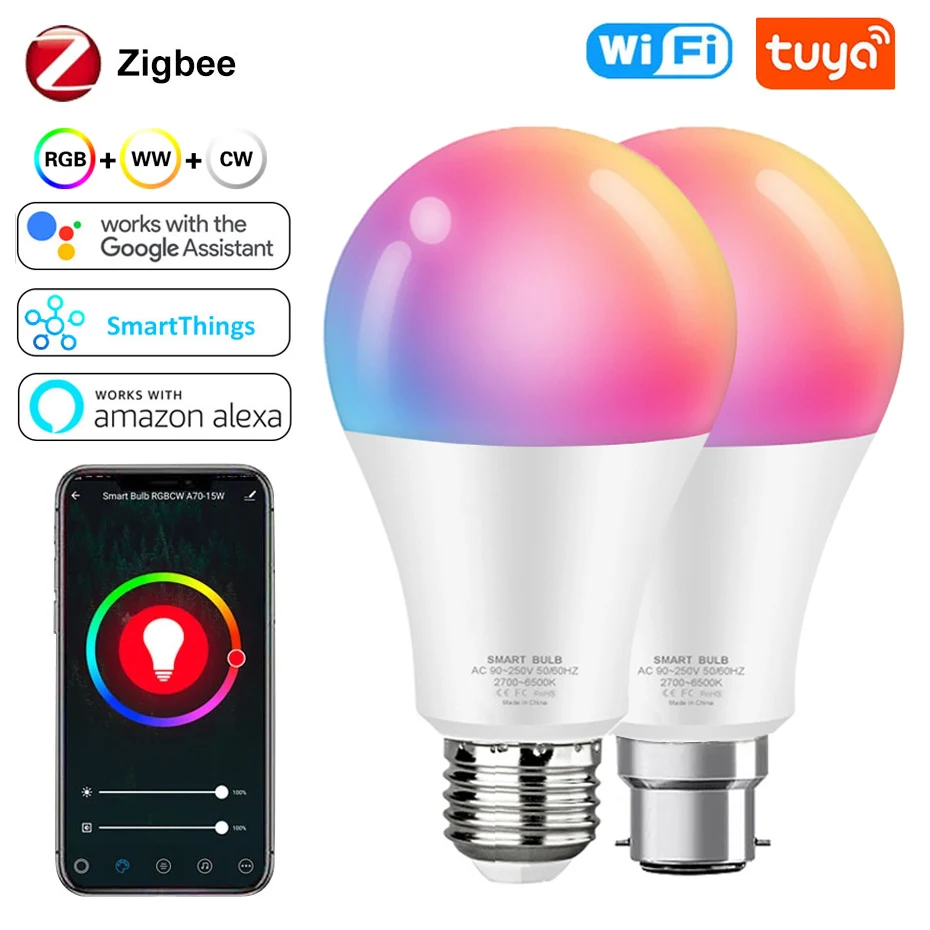 Zigbee – ampoule LED intelligente, 18W, E27, B22, lampe RGB + WW + CW, wi-fi, Tuya, commande vocale, variable, Compatible avec Alexa, pour la décoration de la maison