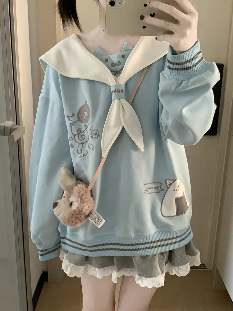 和風甘いかわいいネイビー襟プルオーバー秋の新女の子のかわいいプリントルーズ痩身カジュアルトップパーカートレーナー 2025