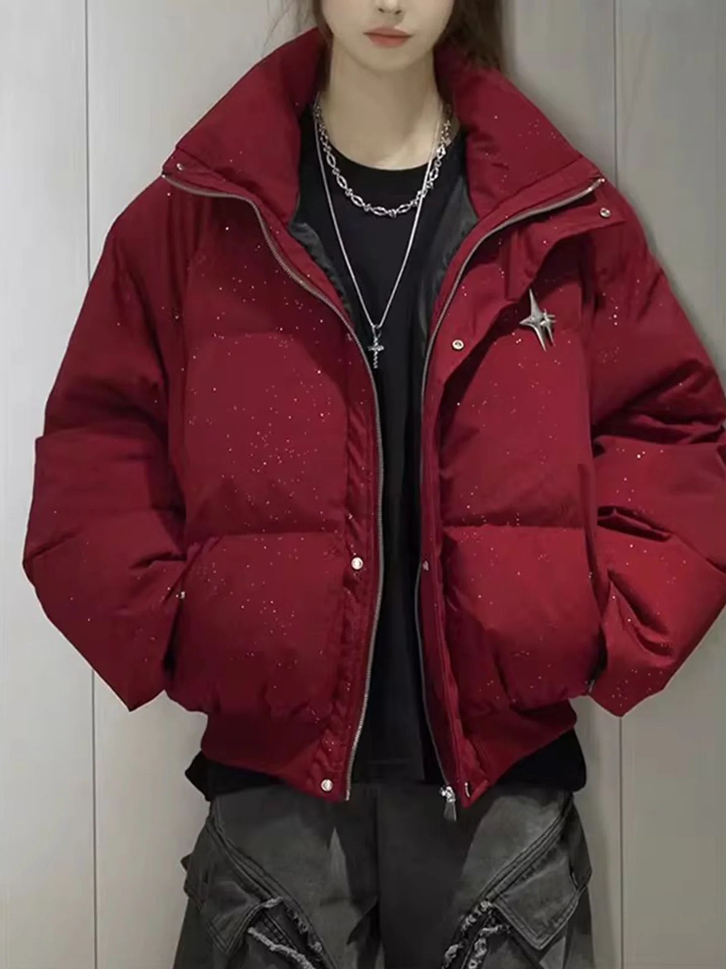 

Thiened Red Wine Color down Cotton Jaet Men's Women's Winter Warm Outerwear American High Street Sle Workwear Cotton Coat