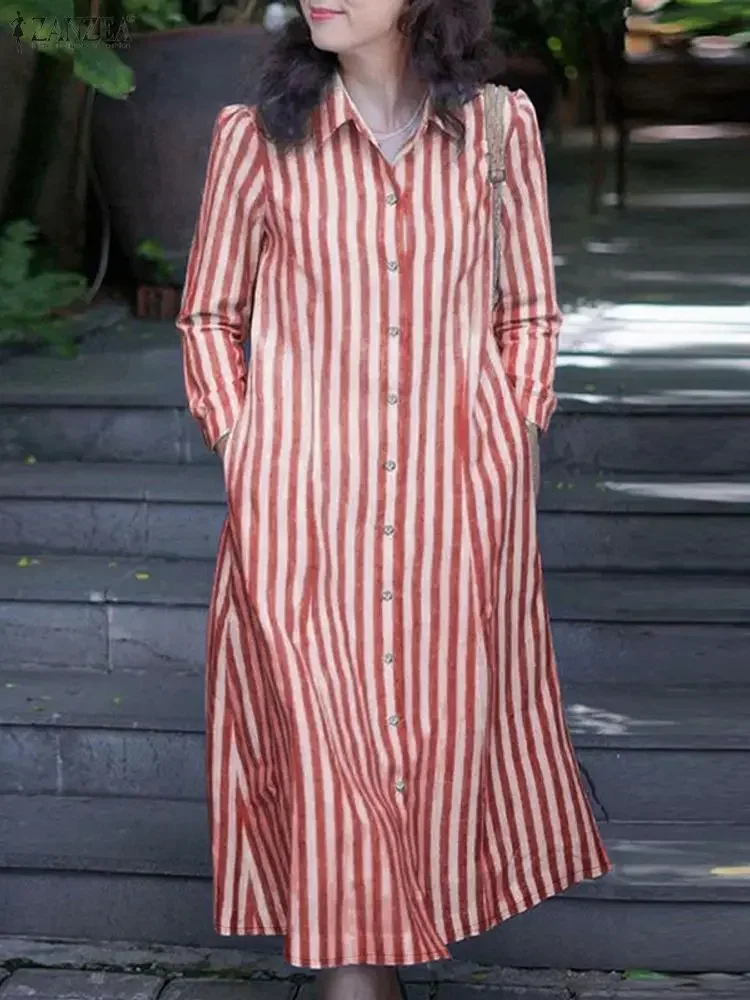 ZANZEA 2026 فستان مخطط للخريف والربيع موضة النساء التلبيب الرقبة طويلة الأكمام مكتب فستان الشمس أزرار أسفل Vestidos ميدي رداء