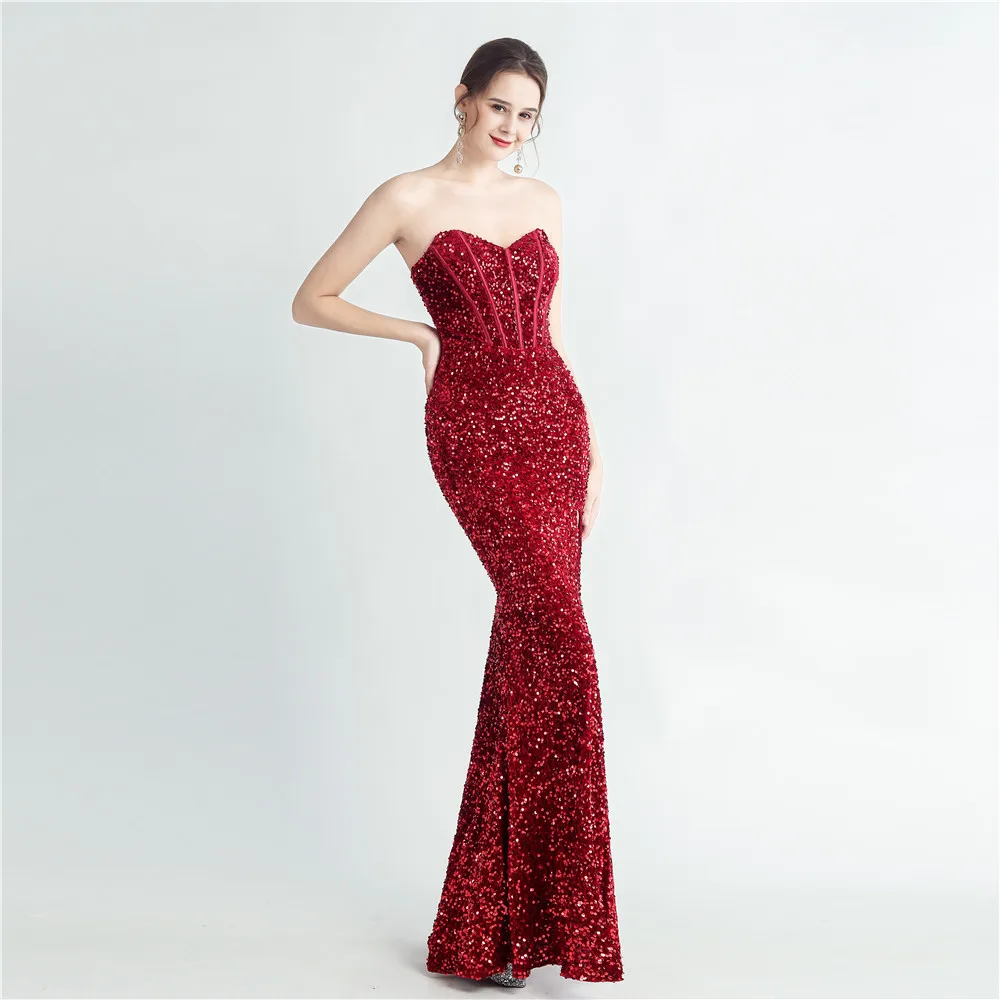 V-Neck Sleeveless Symphony Sequin Back Strap Corset Side Slit Strapless Herringbone Evening Dress