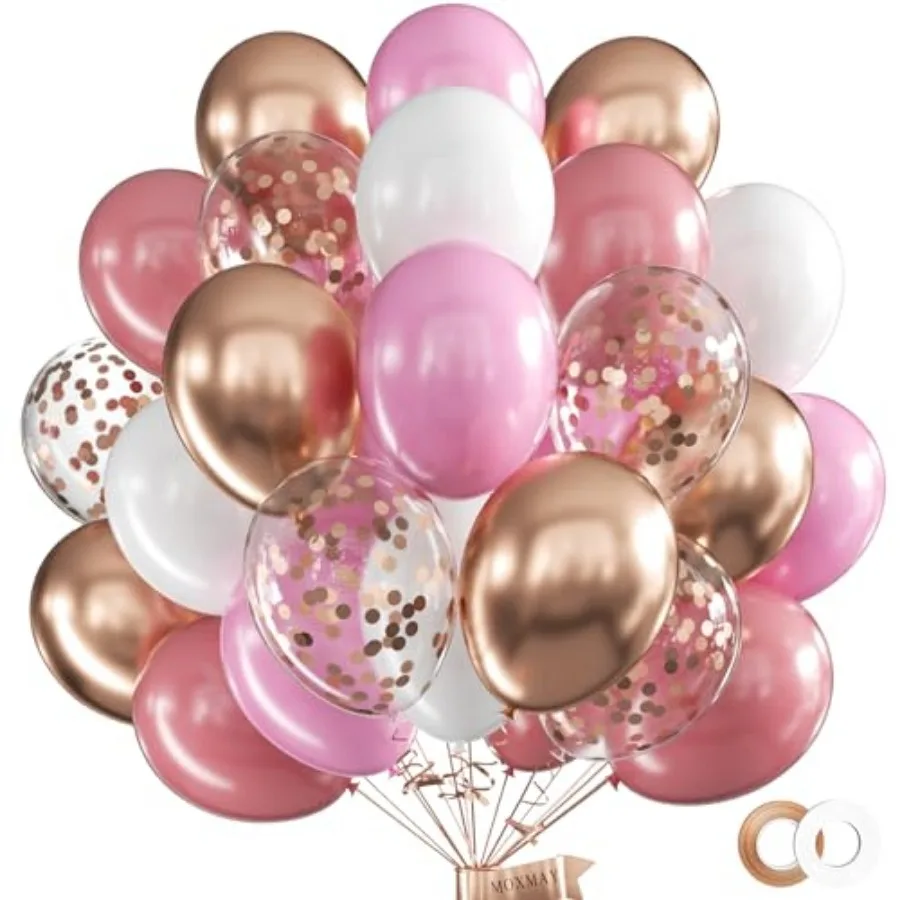 

62Pcs12Inch Pink White Metallic Champagne Gold Balloons Arch Kit, and Confetti Party Balloons with Ribbons for Birthday, Weddin