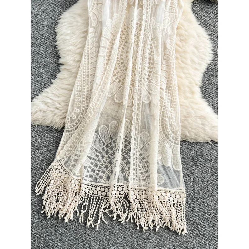 2025 women boho summer sexy lace crochet long tank dress casual hollow out beach holiday dresses tassel elegant split vestidos