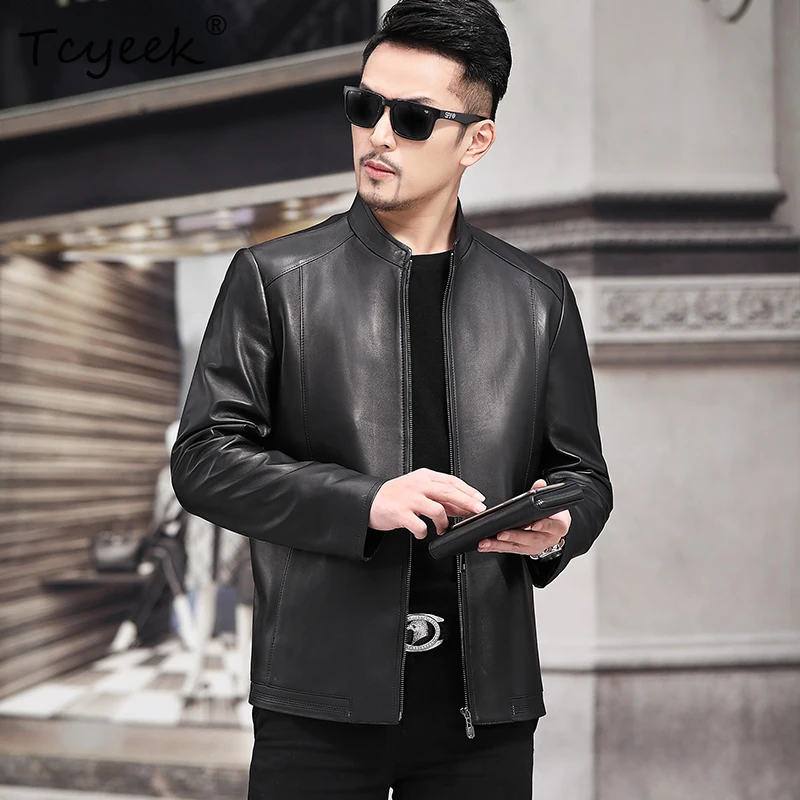 Tcyeek جلد الغنم ربيع الخريف الراقية العصرية الوقوف طوق أسود قصير الرجال سترة جلدية حقيقية كرداناتكا كوزاناهنا موسغراكيا #3