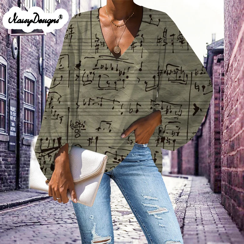 Noisydesigns Custom Womem Large Size Blouse Musical Notes Print Casual Girls Loose Long Sleeve Shirt Tops V-neck Dropshipping