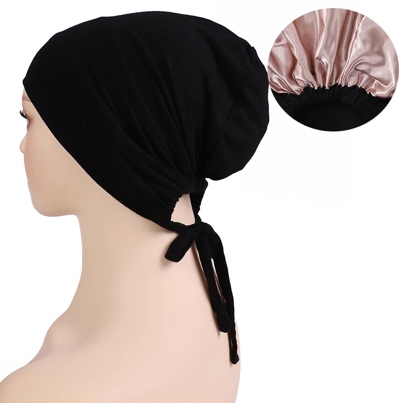 Double Layer Soft Satin Jersey Hijab Cap Islamic Head Wear Hat Underscarf Tie Bonnet Turkish Scarves Muslim Headcover Double La