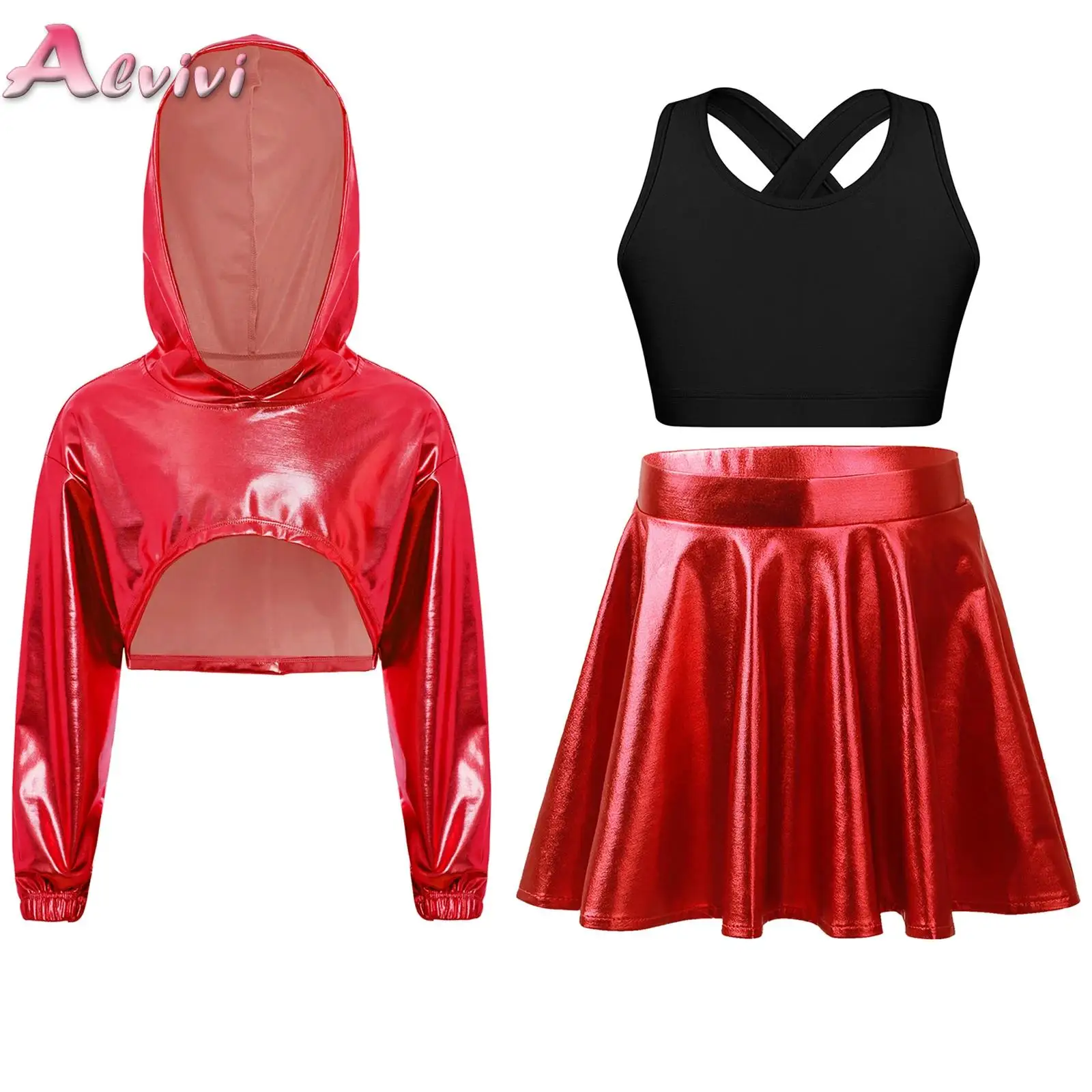 

Kids Girls Hip-Hop Jazz Dance Costume Long Sleeve Metallic Hoodie with Cropped Vest and Skirt Dancewear Set for Performance