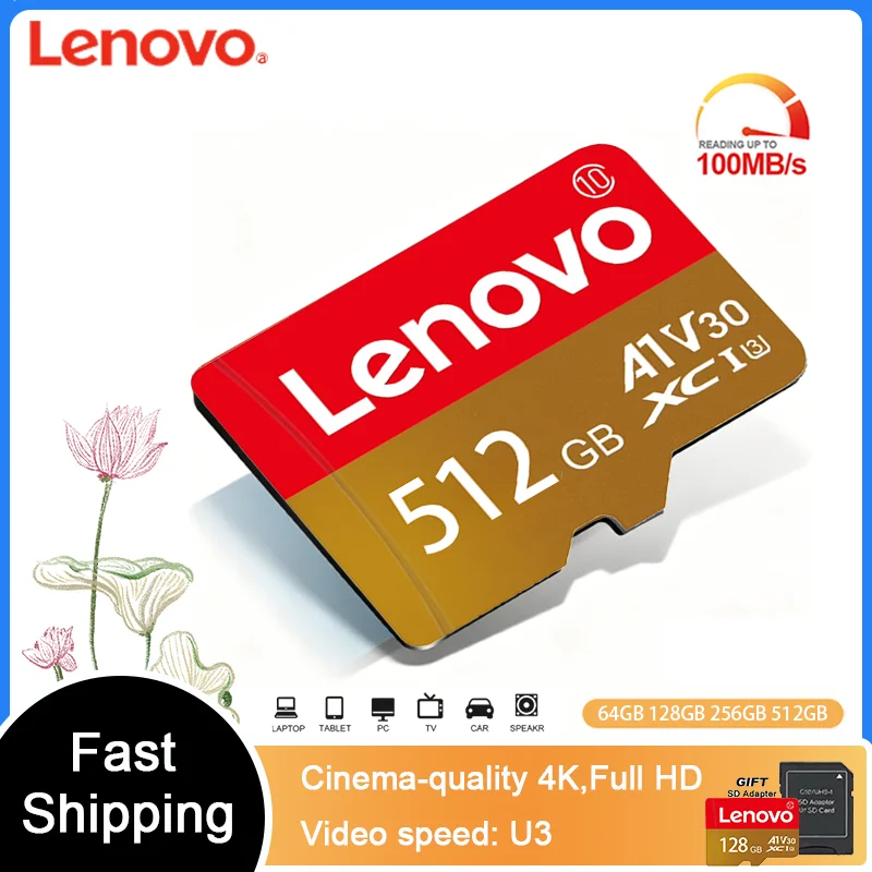 Lenovo Micro SD Card 512GB Expansion Storage 256GB 128GB High Speed Memory Card 64GB Flash Memory Cards U3 4K for Card Reader