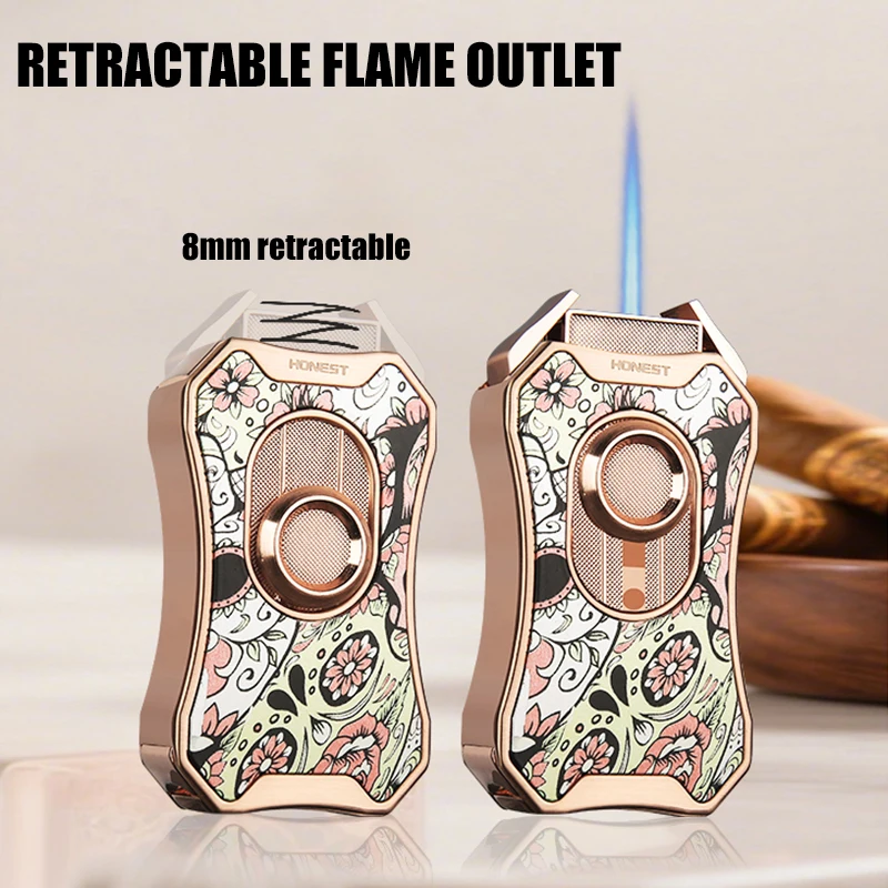 HONEST Blue Flame Cigar Lighter Metal Material 8mm Retractable Spout Fluorescent Water Transfer Craft Bottom Cigar Cutter