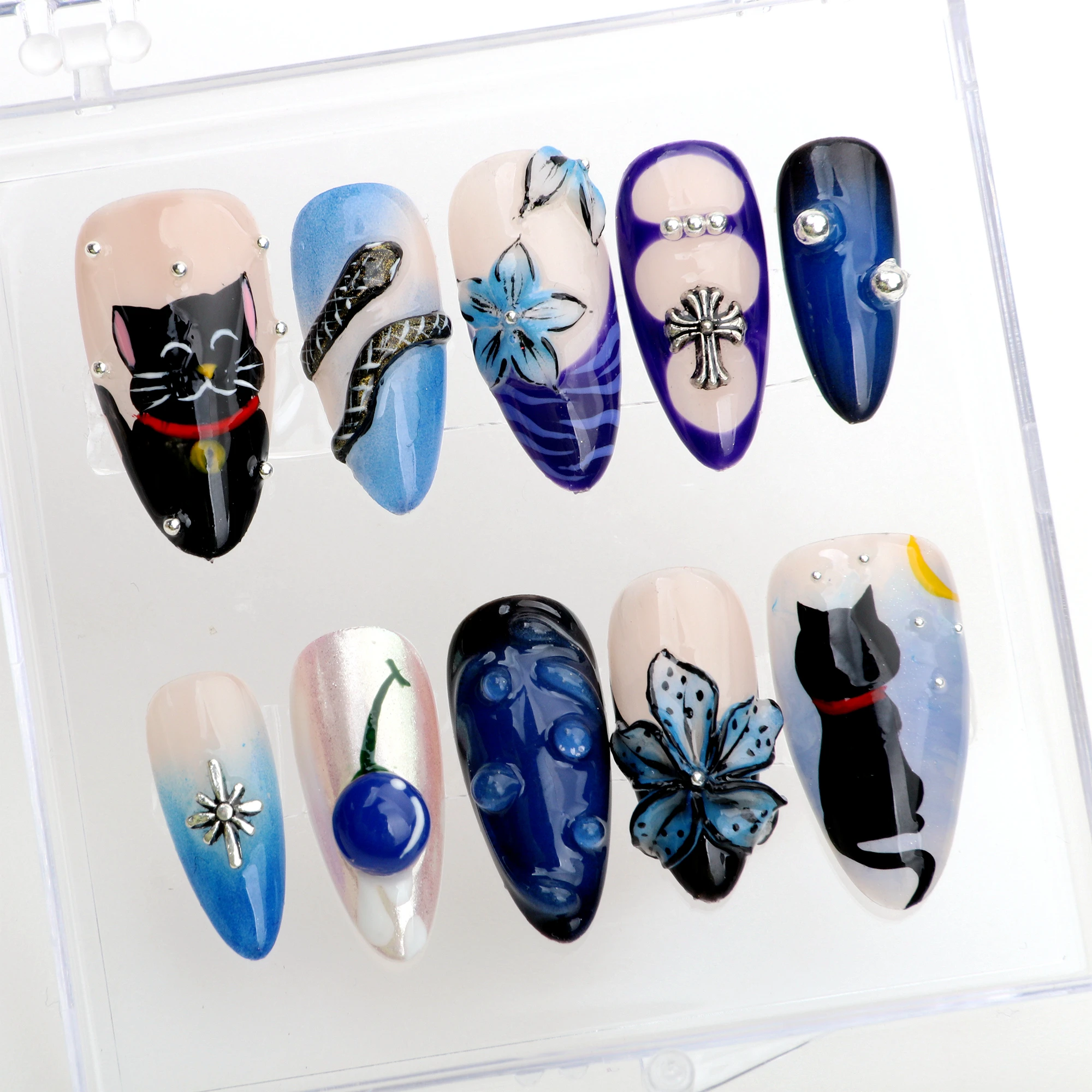 10Pcs Unique 3D Cute Snake Cats Blue Nails Custom Press On Nails Luxurious hand painted Nails for Birthday Party Holiday Vacatio