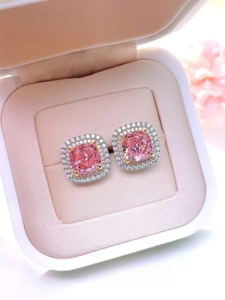 

New S925 light luxury pink earrings, pure silver princess square versatile temperament, high-end Jewelry