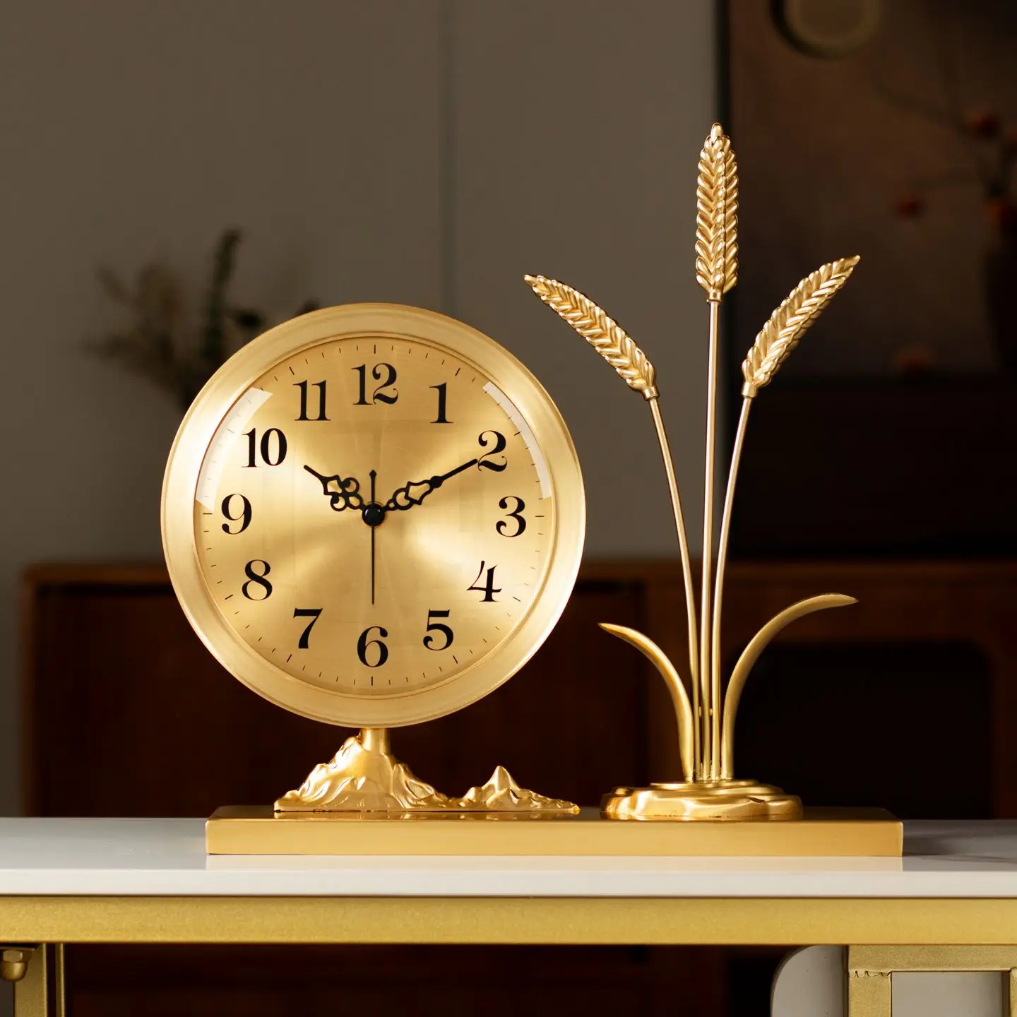 New Chinese Style Brass Desk Clock Living Room Table Decor Silent Clock Home Entryway Creative Quartz Clock