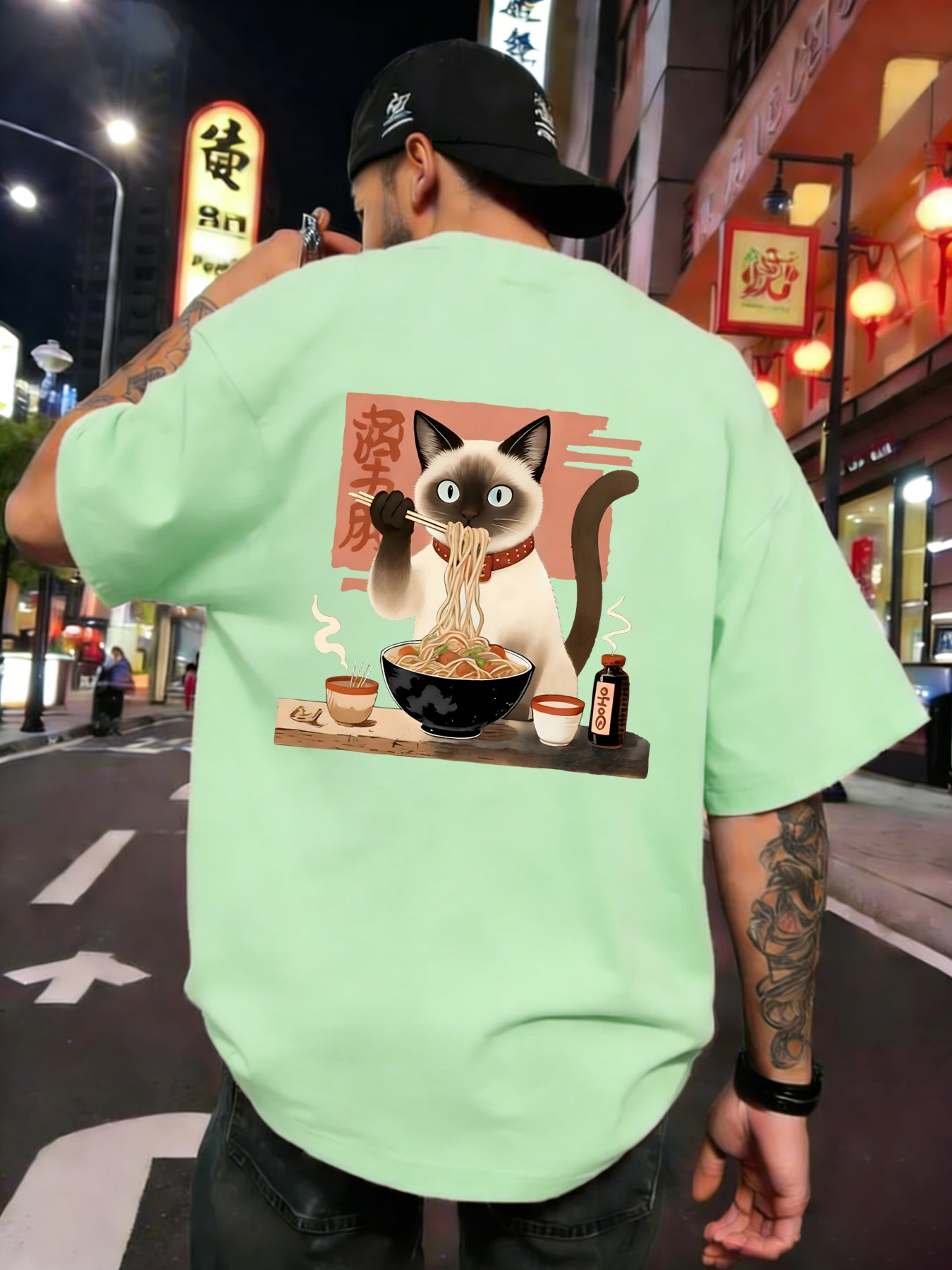 Siamese Cats Like To Eat Noodles Printed Mens Daily Hip Hop O-Neck Clothes All-Match Cotton T Shirt Loose Summer Streetwear