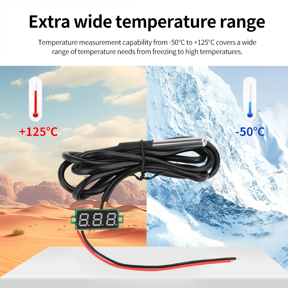 -50℃~125℃  Thermometer 0.28 Inches DC4~28V Temperature Test Detector High Precision Digital DS18B20 Waterproof Metal Probe