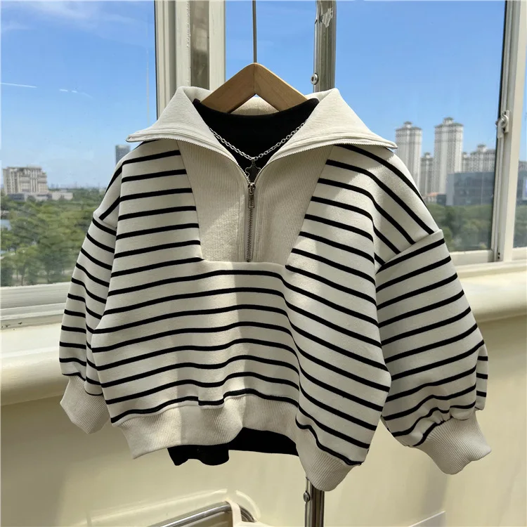 Korean children's clothing autumn children's striped half zip hoodie for boys and girls, loose collared patchwork long sleeved p