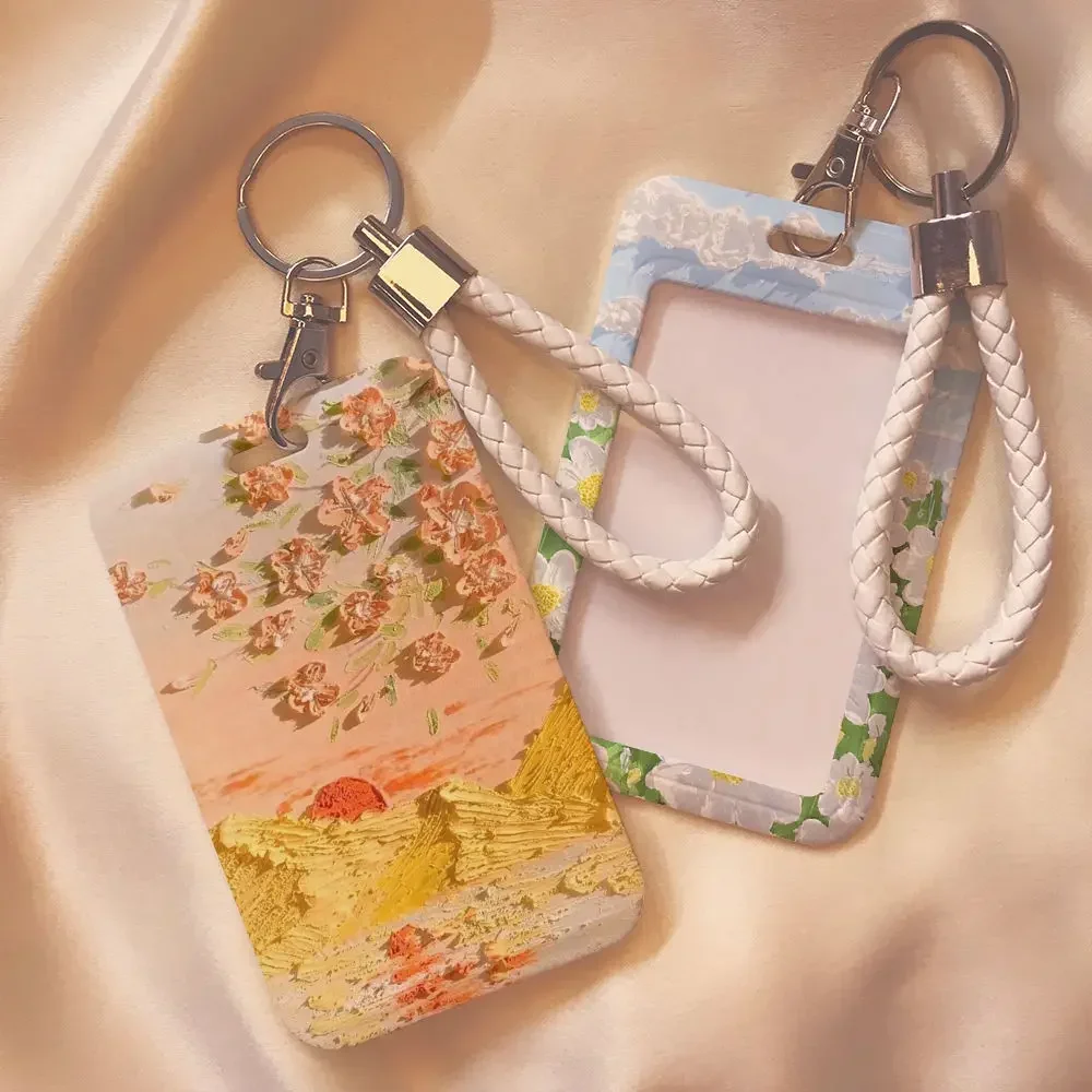 1 Pc Cute Stduent Card with Lanyard Keychain Holder Retro Oil Painting Landscapr Scenary Card Holder ID Student Card Protector