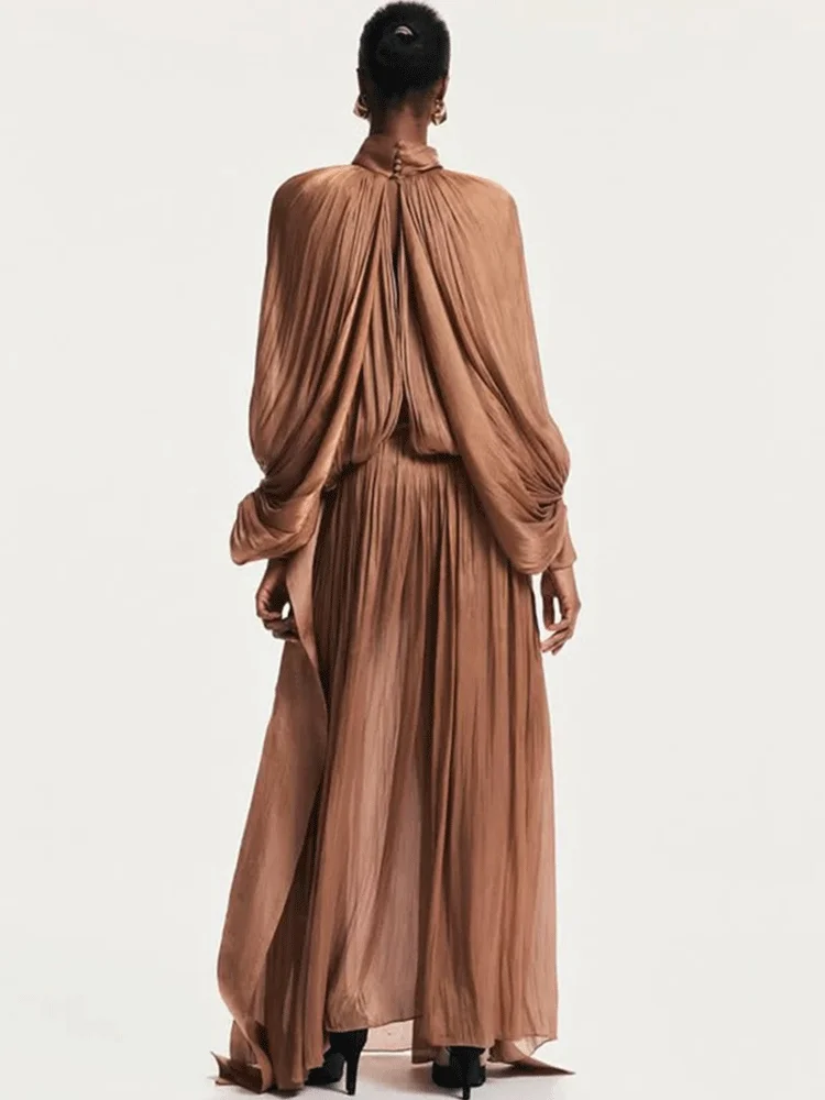 Retro solid color design sense bat sleeve long pleated dress advanced sense elegant wind tie waist loose long evening dress