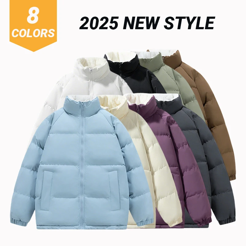 

Pop Winter Men's Stand-Up Collar Cotton Jacket Stylish Oversized Casual Outerwear Men's Fleece-Lined Thermal Solid-Color Cotton