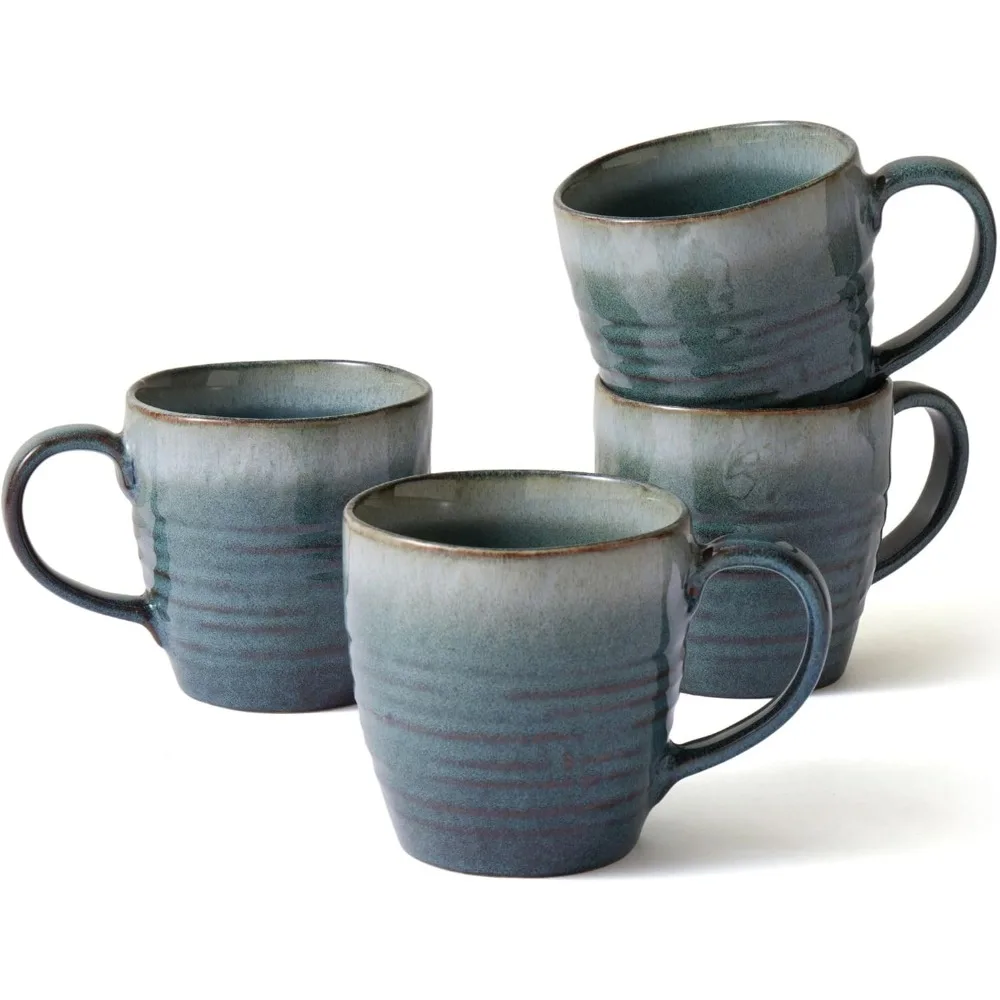 

14 oz Ceramic Coffee Mugs Set of 4 – Reactive Glaze Stoneware with Handle – Blue, Microwave & Dishwasher Safe