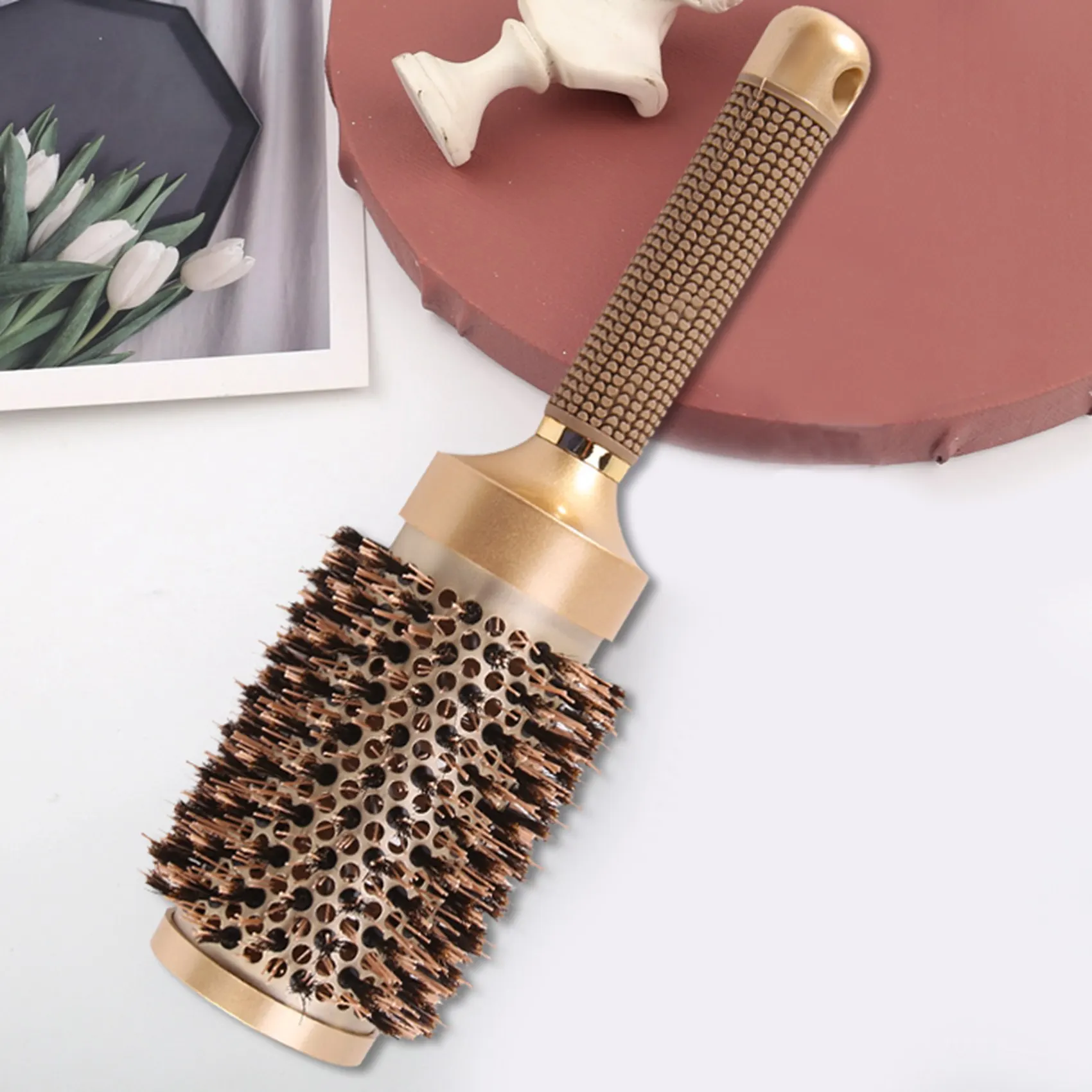 Cepillo de pelo de barril redondo con cerdas de jabalí de simulación, para secar el cabello, estilizar, rizar, dorado (2,1 pulgadas)