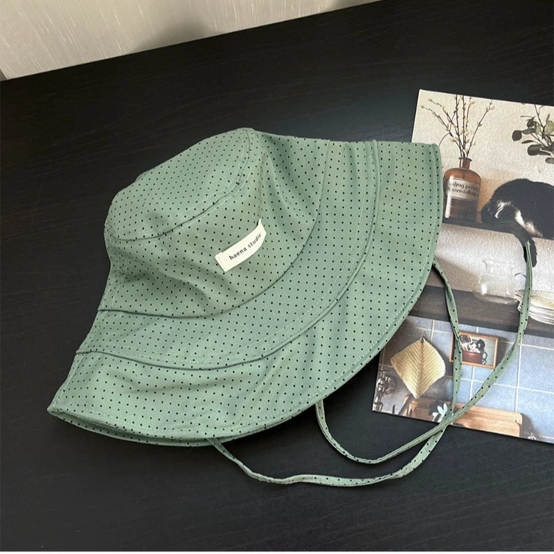 2026 New Polka Dot Strappy Large Brimmed Bucket Hat Korean Version Women's Summer Vacation Sunshade Foldable Sun cap 4