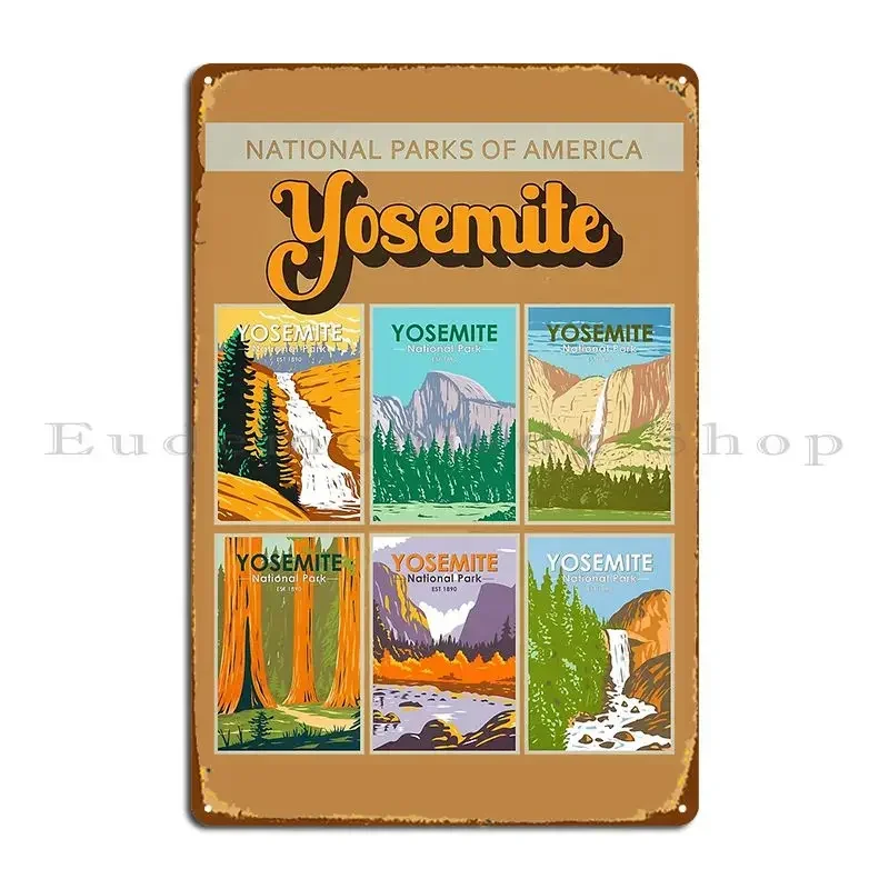 Yosemite National Park California Landmark Collage Metal Plaque Poster Wall Decor Wall Mural Customized Retro Tin Sign Poster