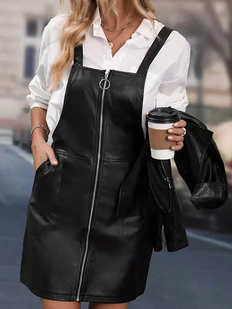 Casual Adjustable Strap PU Leather Dress Women Suspender Overall Dress With Pocket Straight Skirt Party Costume Summer Custom