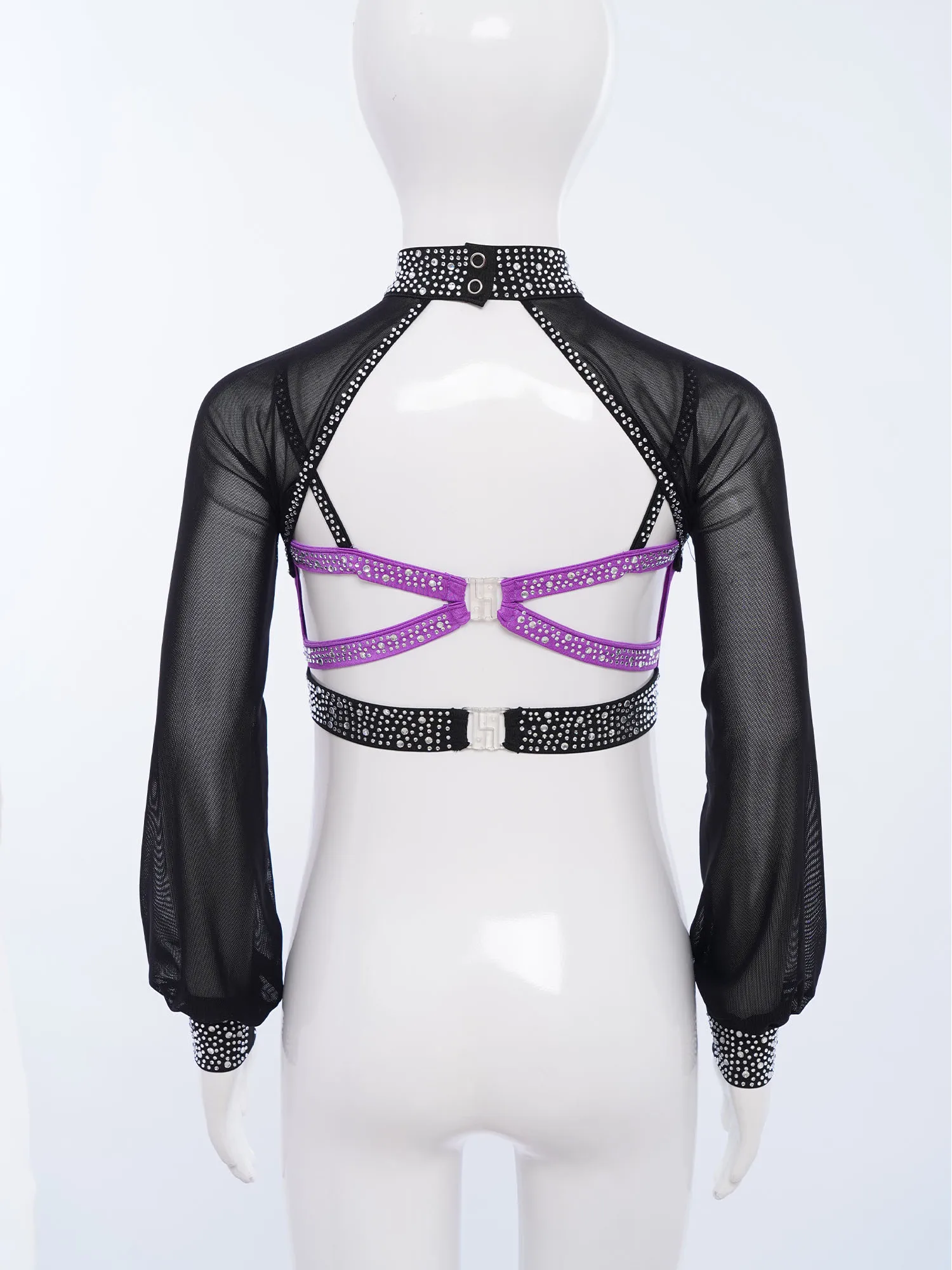 الفتيات الباليه الرقص الغنائي المحاصيل القمم طويلة الأكمام بقماش شفاف عارية الذراعين الراين اللاتينية الجاز الشكل التزلج الجمباز قميص علوي #4